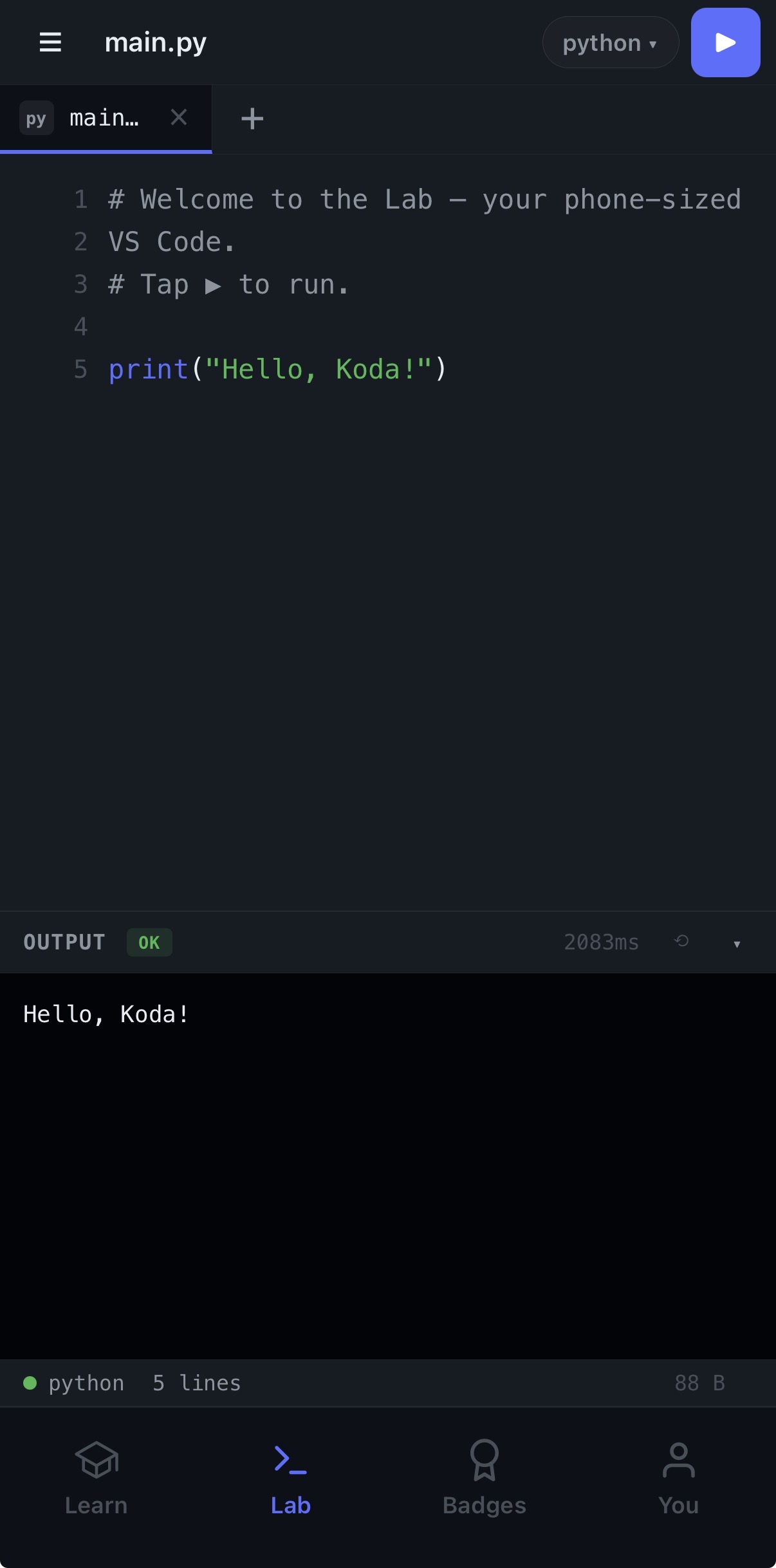 Koda code editor running Python on iPhone